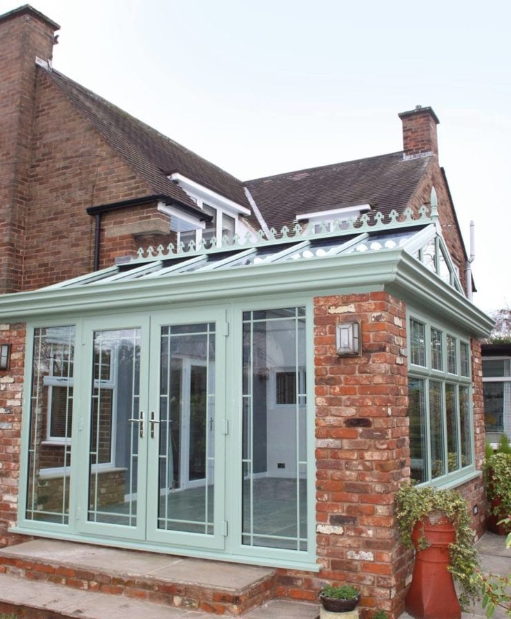Finished orangery extension with french doors in Liverpool by Allerton Windows.