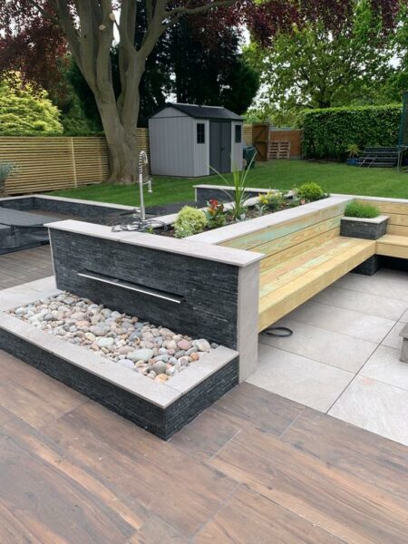 New streamlined zoned garden seating in luxury property refurbishment in liverpool. 