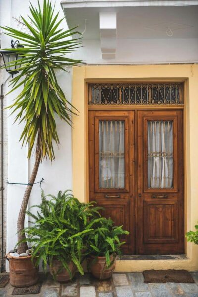 Wooden front door inspiration with potted plants - Photo by Alex Staudinger: https://www.pexels.com/photo/green-leafed-potted-plants-in-front-of-doorway-1875388/