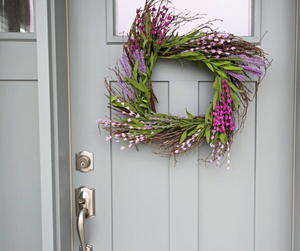 Front door wreathe for blog about front garden ideas.