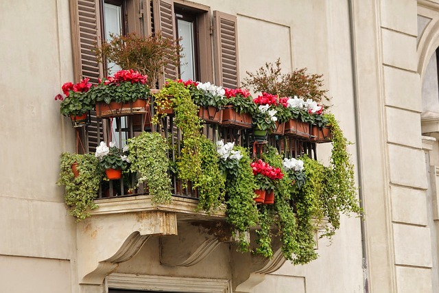 Image of a balcony that has been decorated for summer with potted plants.