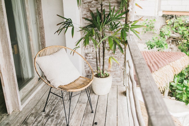 Image of a balcony during summer with a plant and seating.